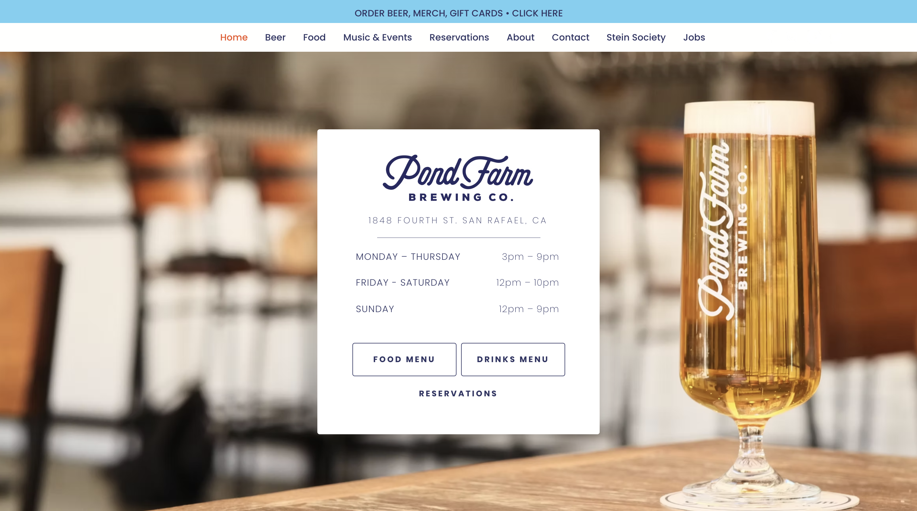 Pond Farm Brewing website, homepage